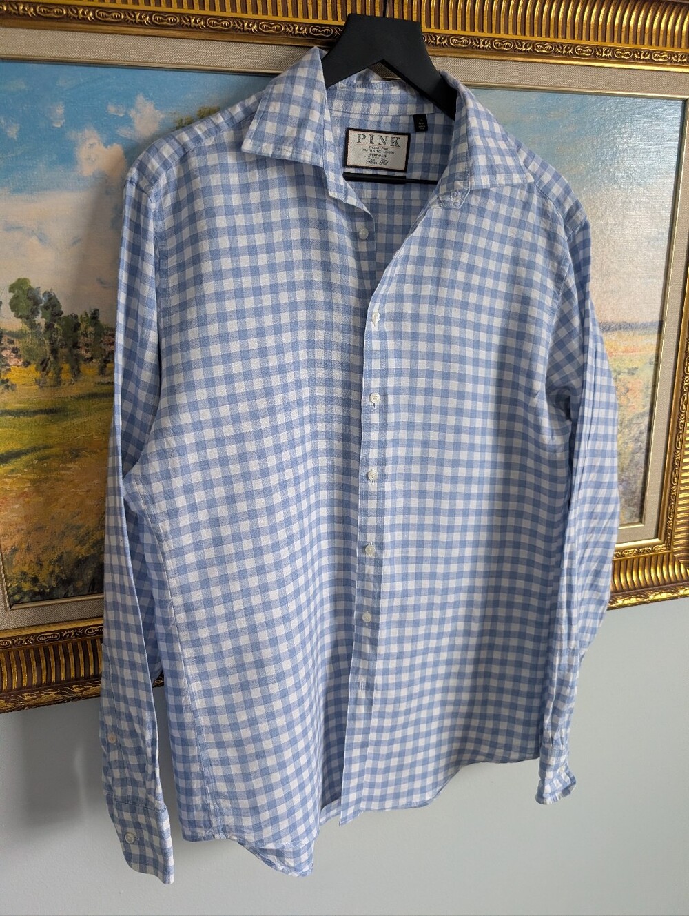 Thomas Pink Linen Light Blue and White Gingham Dress Shirt